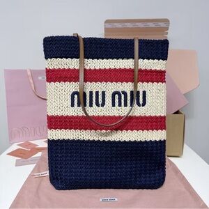 Miu Miu Red and Navy Striped Tote